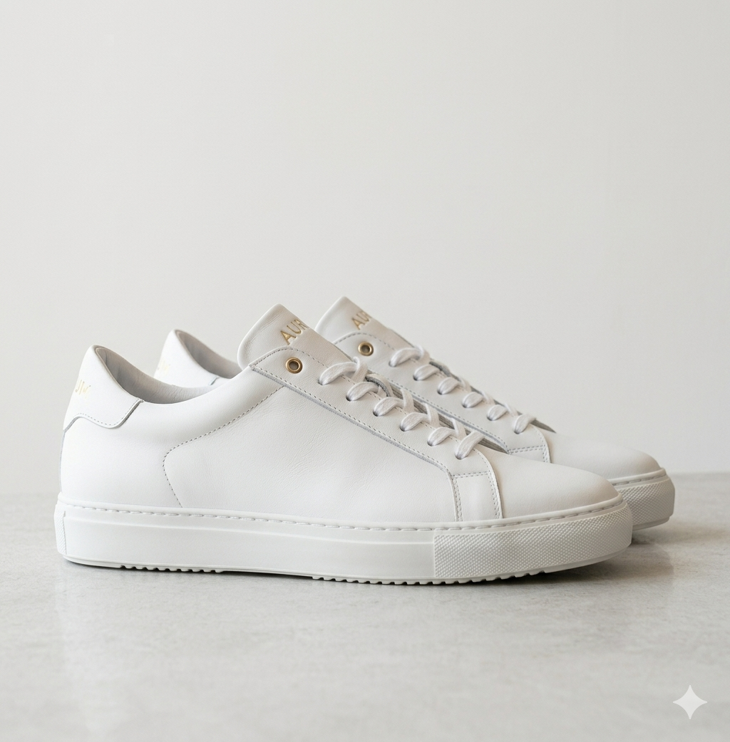 Freshly cleaned white sneakers from Clean Bubble's premium sneaker care service in Munich.